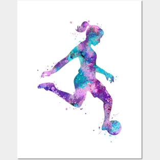 Girl Soccer Player Colorful Purple Pink Turquoise Watercolor Sports Gifts Posters and Art